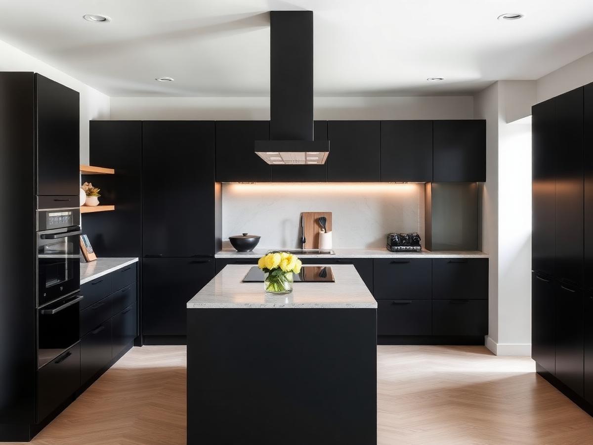 Moderne keuken met matzwarte kasten en stenen werkblad